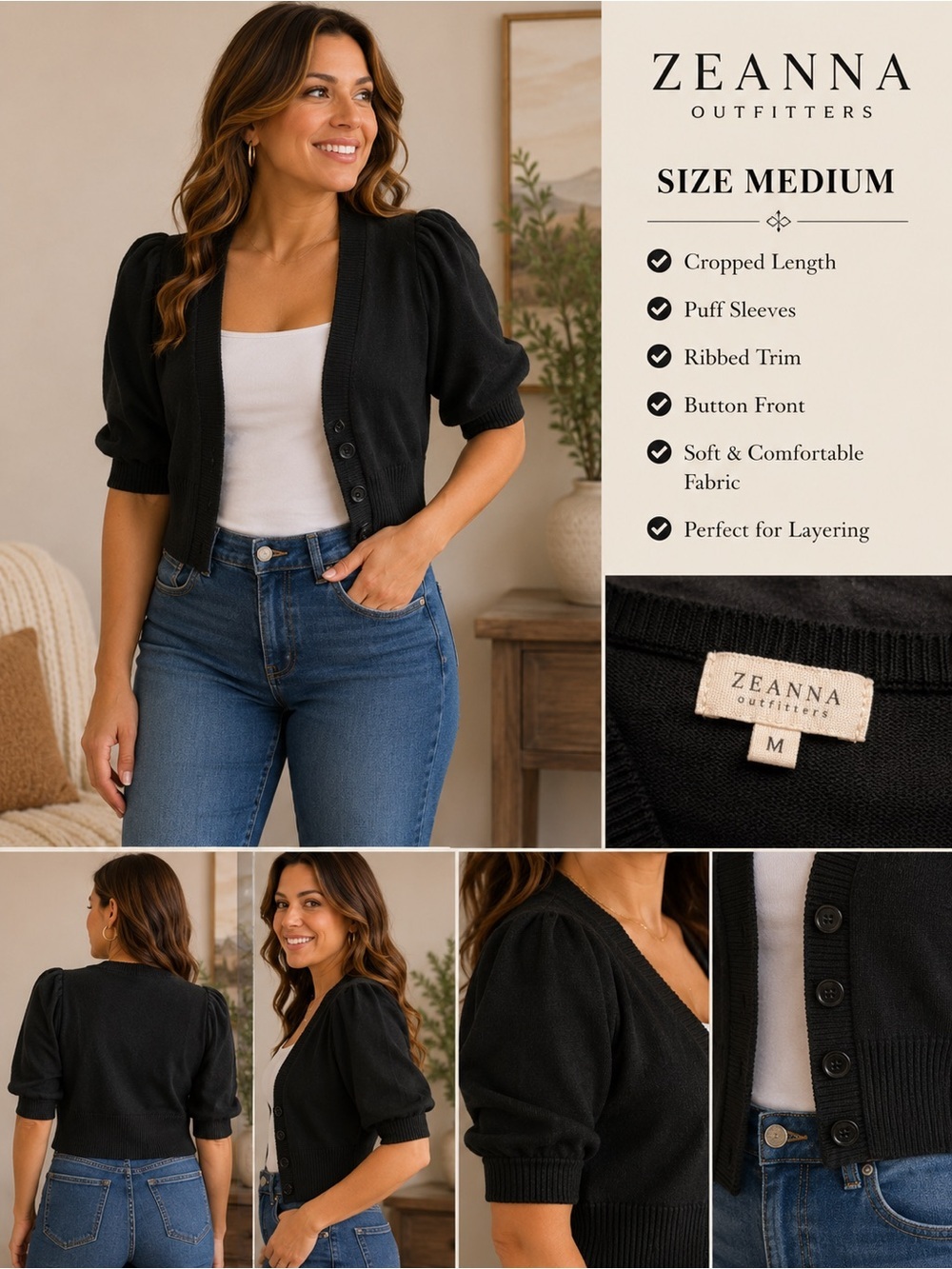 Zenanna Outfitters Black Puff-Sleeve Cropped Cardigan Jacket MEDIUM